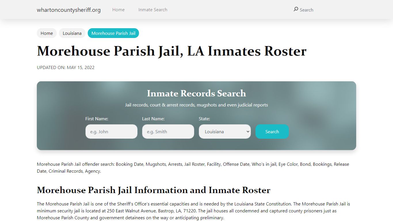 Morehouse Parish Jail, LA Jail Roster, Name Search